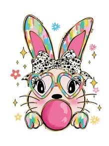 SHEIN LUNE Plus Size Women Cartoon Rabbit Print Round Neck Short Sleeve Casual Loose T-Shirt