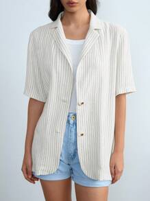 Chiquease Women's Casual Linen Turn-Down Collar Striped Lightweight Suit Jacket, Spring/Summer