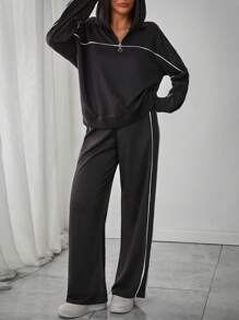 EURMUSE ZIP UP RIB CUFF CONTRAST PIPPING SWEATSHIRT & ELASTICAL WAIST CONTRAST PIPPING SWEATPANT CO ORD SET - White - View 3