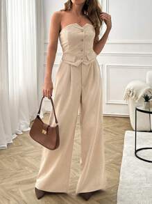 EURMUSE Summer Corduroy Two-Piece Set With Strapless Button-Front Top And Wide-Leg Pants - Featuring A Smocked Back For Comfort And Fit, Tailored Waist Detail, And Lightweight Corduroy Fabric, Perfect For Effortless Summer Elegance, Casual Outings, Or Stylish Vacation Looks Women Work Outfits Women S Summer Clothes Women S Clothes - Beige - View 3