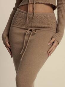 MUSERA Gerippter Strick-Bindezug-Detail figurbetonte Midi-Pulloverrock, nur Frühling elegant Thanksgiving Chic