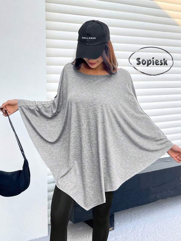 SHEIN EZwear Women's Round Neck Casual Asymmetric Hem Cape Poncho Top, Gray