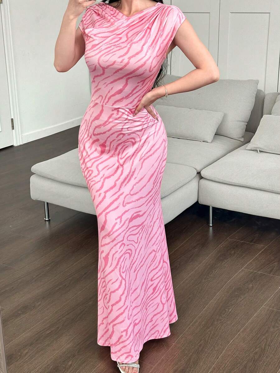 Modelyn Váy bodycon xếp nếp vai bất đối xứng viền đuôi cá cho nữ, màu hồng, hàng mới về mùa hè - Hồng - Xem 1