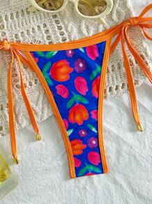 SHEIN Swim Ensembles de bikini pour femmes avec impression aléatoire, à liens au cou et au dos, et liens sur les côtés. Maillots de bain pour vacances à la plage