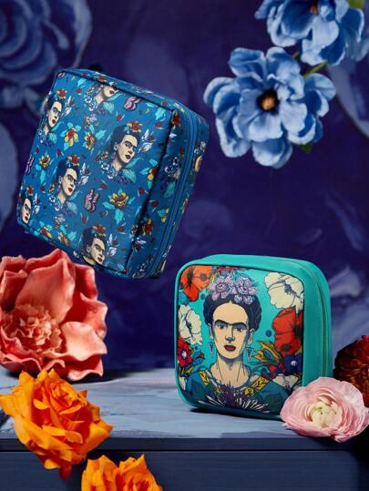 Frida Kahlo X SHEIN 1 pieza Bolsa con cremallera para toallas sanitarias con estampado floral RPET, vibraciones bohemias, atuendos de verano, atuendos de primavera, playa, vacaciones, flores