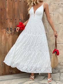 Rafferiza Women Elegant Sleeveless V-Neck Lace Dress - White - View 5