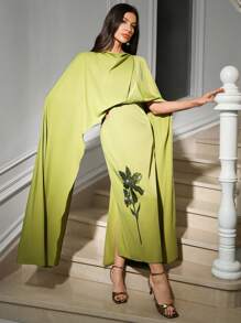 Modelyn Women's Elegant Slim Fit Long Sequin Embellished Dress Dress With Cape - Green - View 5