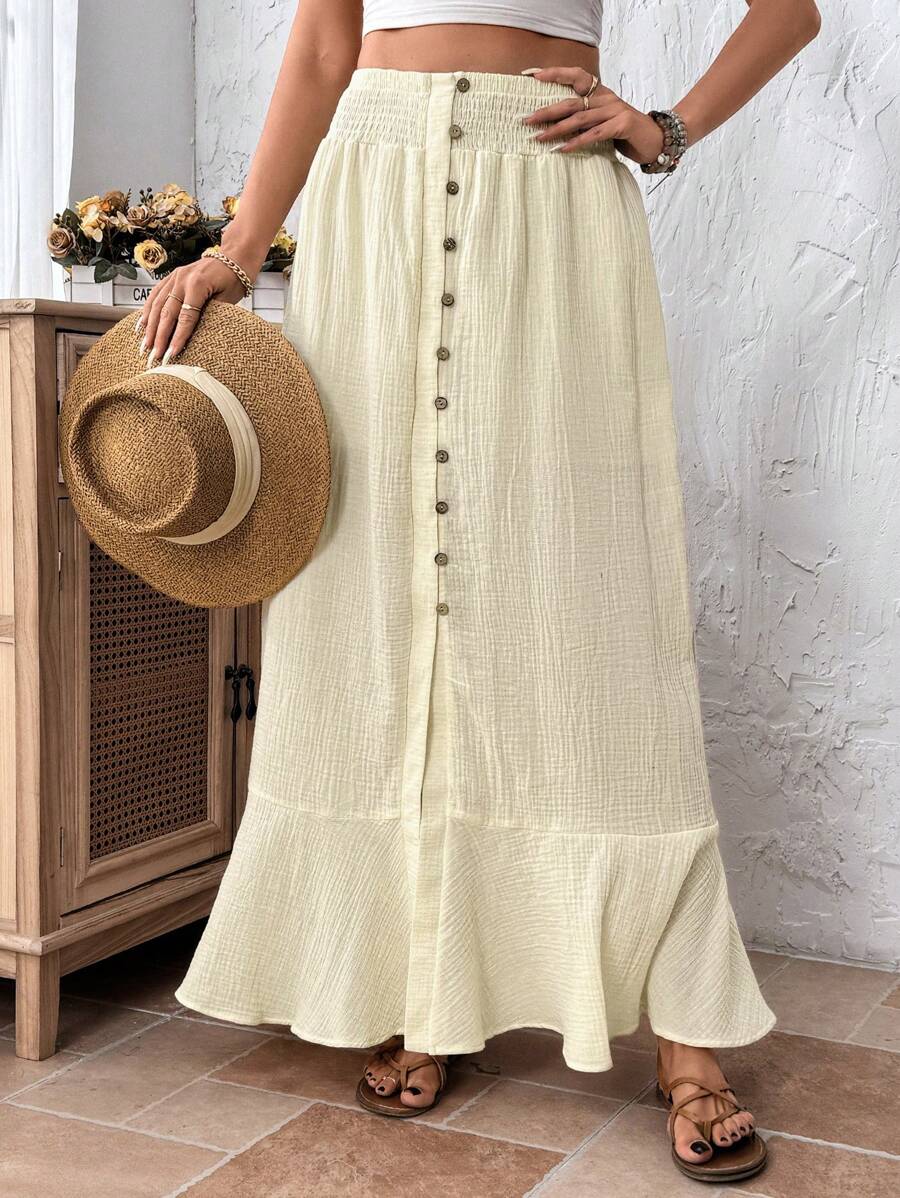 Breezaya 女士高端前开纹理长裙，日常穿着 - 杏色 - 查看 1