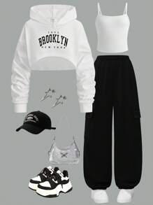 3 pièces/Set Adolescentes sweat-shirt à capuche Ample Décontracté avec Graphique Lettrage, Camisole Tricotée et Pantalon Cargo Vert Tricoté, Convient pour le Printemps, l'Automne et l'Hiver