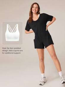 GLOWMODE Modal Take It Easy Reversible Short Sleeves Romper Jumpsuit With Side Large Pocket Daily Casual Spring Summer - Black - View 6