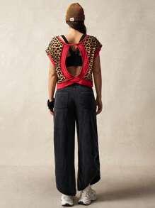 VARSITIE Leopard Print Patchwork Retro Loose Backless T-Shirt, Red Color