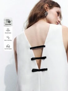 Maija 女士优雅 V 领蝴蝶结后背喇叭形 A 字休闲连衣裙，适合独立日、毕业季、情人节、春季、夏季、初秋 - 白色 - 查看 3