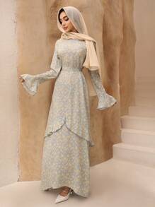 Graceveil 女式碎花喇叭长袖荷叶边腰连衣裙，端庄 - 彩色 - 查看 6