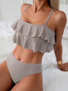 Swim Mod Women's Summer Beach Striped Ruffle Sexy Bikini Set - Brown - View 1