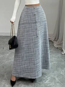 Modelyn Women's Elegant Woven Tweed Button A-Line Skirt