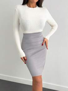 EURMUSE Women Solid Color High Waist Bodycon Pencil Skirt - Grey - View 5