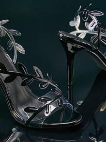 SHUZIA Nuevo sandalias de patente negra con tacón alto, puntera redonda asimétrica con corte en forma de hoja para mujer, elegante y glamoroso diseño Flavia - Negro - Ver 5