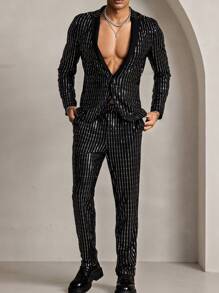 Manfinity VCAY Bộ 2 bộ vest nam dệt kim thời trang thường ngày trẻ trung, áo khoác lưới hở sequin và quần âu cạp chun - màu đen - Xem 1