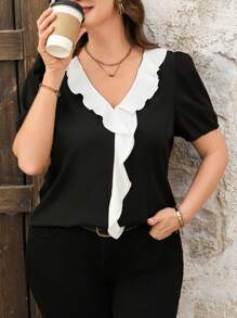 SHEIN Clasi Plus Size Women Black&White Contrast Ruffle Trim Vacation Shirt