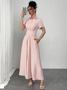 Chiquease Shirt Collar Single Placket Design Waist Twist Tie Up Floral Print Dress - Pink - View 5