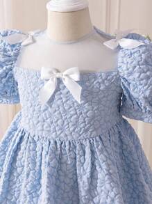 SHEIN Leap Crew Young Girl Jacquard Puff Sleeve Fitted Elegant Dress Young Girl Dresses Young Girls Clothing Easter Dress Young Girl Birthday Dress Young Girl Spring Dress,Spring And Summer Suits - Blue - View 7