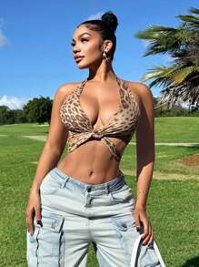 Zolique Sexy Hollow Back Leopard Print Criss-Cross Binding Halter Neck Tank Top For Women, Wild West Style - Multicolor - View 1