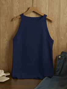 Chiquease Women's Solid Color Casual Loose Sleeveless Knit Halter Top - Navy Blue - View 1