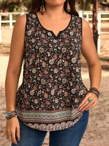 EMERY ROSE Plus Size Vacation Casual Ditsy Floral Notched Tank Top Summer Concert Women West Country