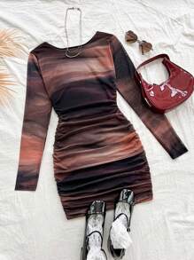 SHEIN PETITE Vestido Míni Drapeado de Lycra Estampa tie-dye para Mulher