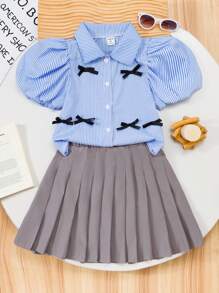 Tween 女童蝴蝶结泡泡袖领衬衫搭配百褶裙 2 件套 - 彩色 - 查看 1