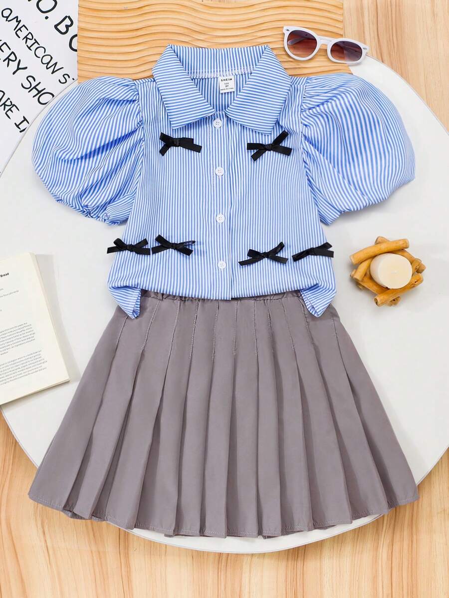 Tween 女童蝴蝶结泡泡袖领衬衫搭配百褶裙 2 件套 - 彩色 - 查看 1