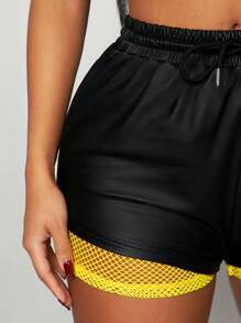 SHEIN SXY Black & Yellow Color Block Casual Street Sporty Super Short Shorts, Sports Shorts, Tennis Shorts, Running Pants, Versatile Bottom Wear For Spring & Summer