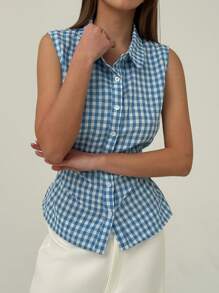 Aloruh Camisa de mujer casual/de trabajo sin mangas a cuadros