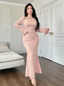 Modelyn Off Shoulder Jacquard Knit Ruched Flare Sleeve Fish Tail Hem Long Dress For Women - Pink - View 7