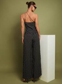 COSMINA 2 件女式波点肩上衣和裤子套装，简约休闲日常穿着 - 黑色 - 查看 2