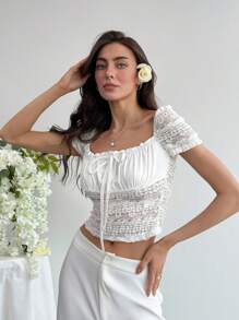Aloruh 白色蕾丝拼接 T 恤，性感优雅，适合婚礼、派对、伴娘、暑假和约会之夜 - 杏色 - 查看 3