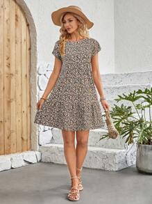 SHEIN LUNE Vestido casual simples de manga curta para mulheres, fashionável para uso diário - Multicolorido - Visão 4