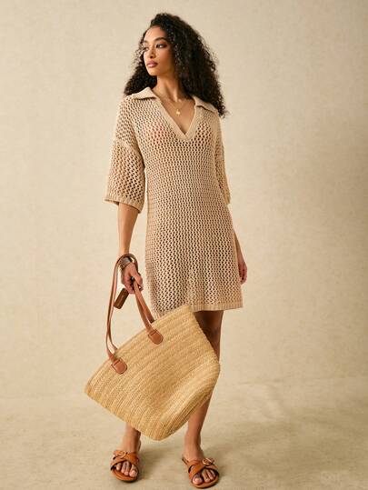 Poéselle 时尚短袖V领钩针连衣裙 - 轻松打造温暖天气的时尚感，女士钩针连衣裙，夏季针织衫，休闲日装，沙滩罩衫款式，秋冬轻盈时尚服装