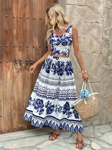 Chiquease Conjunto de 2 piezas de mujer con top/sujetador elegante y falda larga con estampado de porcelana azul y blanco para vacaciones