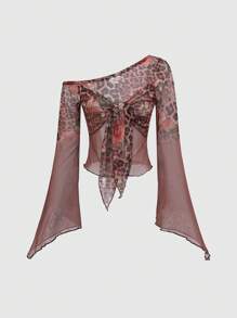 ROMWE Grunge Punk Y2K Vintage Chic Leopard Floral Print Sheer Flared Sleeve Asymmetric Neck Blouse