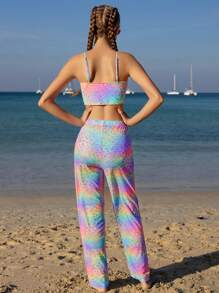 Teen Girls Swimwear Set Colorful Leopard Print Adjustable Straps Top & Mesh Floral Long Pants - Multicolor - View 2