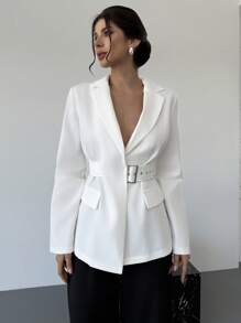 Firerie 新款春夏简约优雅休闲 V 领长袖收腰宽松纯色配腰带白色西装外套毕业典礼教师装女士秋冬开学装 - 白色 - 查看 5