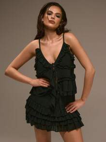 MUSERA 雪纺系带荷叶边吊带背心，西部度假波西米亚风性感可爱假日节日狂欢派对伊比沙岛夜店上衣，适合秋季、冬季、圣诞节穿着。