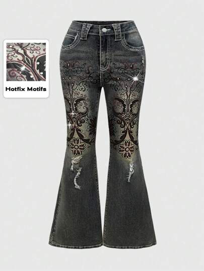 Grunge Punk Retro Vintage Vine Printed Rhinestone Washed Slim Flare Plus Size Jeans