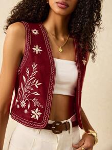 Poéselle 春季新款天鹅绒花卉刺绣无袖背心，可爱夏季上衣，春季服装，沙滩配饰，花卉上衣，波西米亚风上衣，夏季背心，酒红色