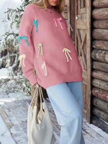 Aveloria Affinna Maglione lento donna alla moda e colorato con decorazione a fiocco, design di stile, maglione oversize