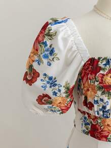 SHEIN WYWH Plus Size Women's Vacation Countryside Placement Print Square Neck Puff Sleeve Split Midi Dress - Multicolor - View 8