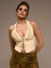 MUSERA 仿皮系带流苏上衣，适合节日、西部风情、夏季、假日、伊比沙岛、秋季、冬季穿着。 - 黃色 - 查看 1