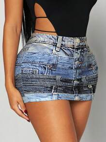 SHEIN SXY Spring Summer Street Casual Daily Comfort Sexy Nightclub Rock Hot Girl Music Festival Denim Effect High Waist Tight Mini Women Skirt Short - Multicolor - View 5
