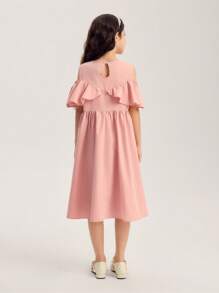 Tween Girl Cute & Elegant Ruffle Ruffle Pink Dress For Everyday Wear - Pink - View 2